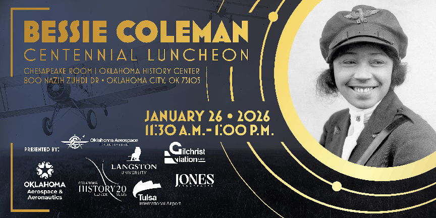 Bessie Coleman surrounded by golden rings and the words 'Bessie Coleman Centennial Lucheon.'