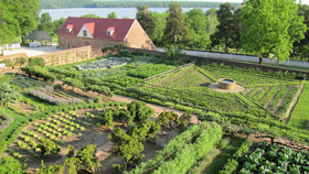 The gardens at Mount Vernon, plotted in geometric plantings and a brick building in the distance