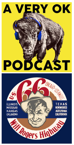 A bison wearing earphones and an illustration of Will Rogers encircled in a Route 66 logo