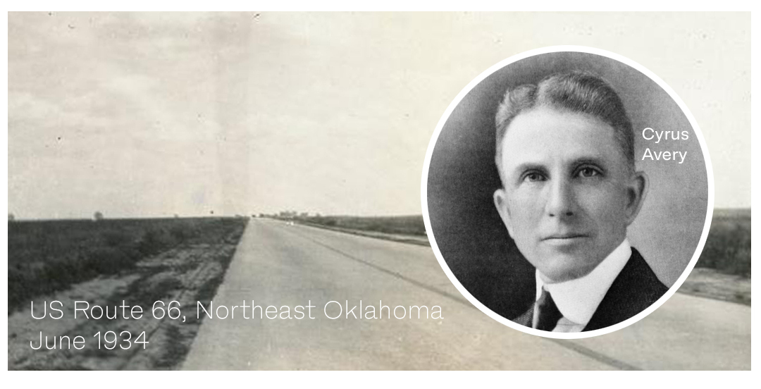 US Highway Route 66, a long paved road running to the horizon and an image of Cyrus Avery inset at the top right