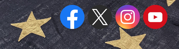 A US flag starfield and the Social Media icons for Facebook, Instagram, X, and YouTube overlaying the image.