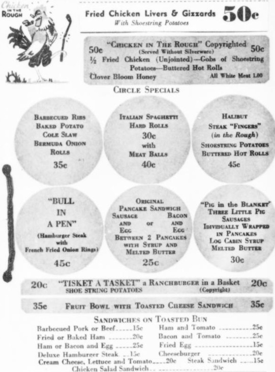 A menu for Beverly's Chicken in the Rough with pricing indicating a "Chicken in the Rough" costing 50 cents