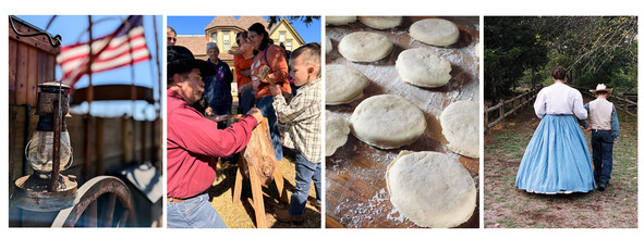 Biscuits on a kitchen table, children learning leather crafts, a stained glass window, and a woman and boy walk the Butterfield trail