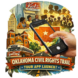Illustrations of Civil Rights marches, protests at Katz, a cell phone screen focused on the Oklahoma Civil Rights Trail Tour App.