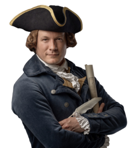 A Colonial Williamsburg living historian dressed as Thomas Jefferson, holding a quill and a copy of the Declaration of Independence.