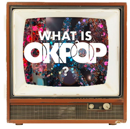 A television set with a contemporary screen displaying the OKPOP logo