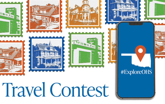 A series of ascending postage stamps rising in rows to become a watermark behind a cell phone with a central photo of Oklahoma.