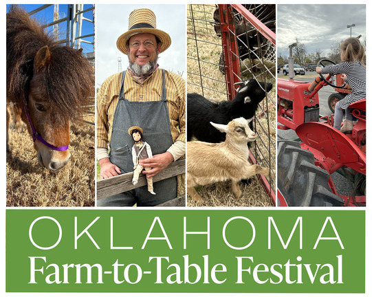 Petting zoo with baby goats, a pony eating grass, a man dressed in overalls and a straw hat, and a girl seated upon a tractor