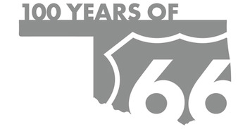 The state of Oklahoma formed into a stylized graphic with the Route 66 shield in white lettering on the shape of the state