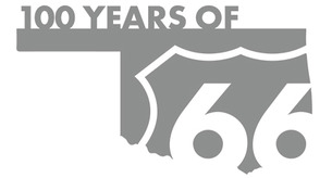 The state of Oklahoma formed into a stylized graphic with the Route 66 shield in white lettering on the shape of the state