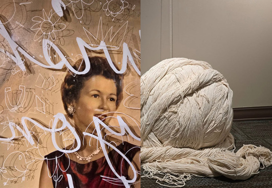 Two artworks from the exhibit "Art of the Wish." One detail shows a dated photo of a woman with writing and another, a gathered ball of string
