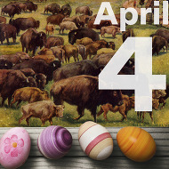 A historic Pawnee Bill poster of Bison and Easter eggs collected in a row