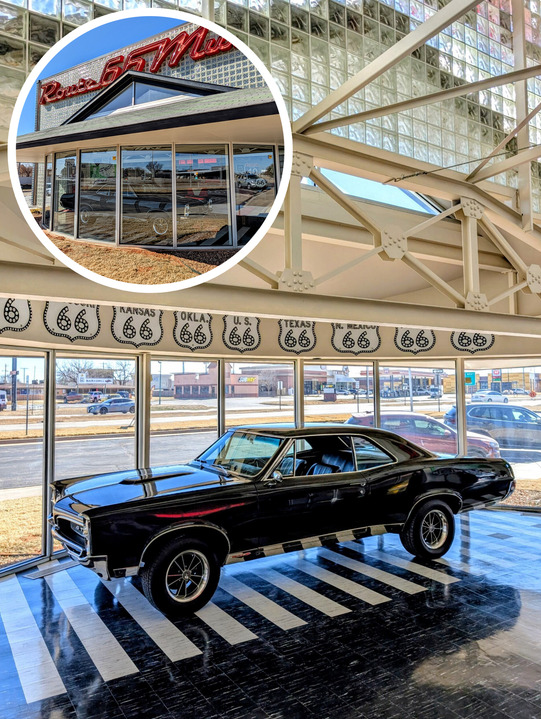 A 1967 Pontiac GTO parked in the large bay window of the Oklahoma Route 66 Museum with the exterior image inset on the main photo.