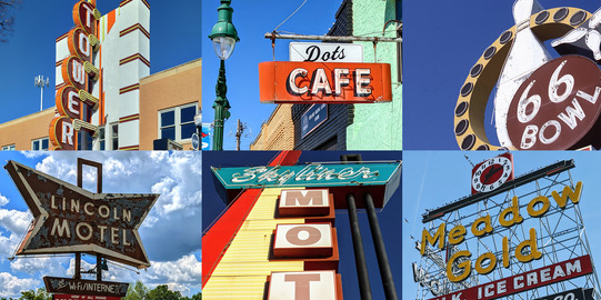 Neon signs of Tower Theatre, Dots Cafe, Route 66 Bowl, Will Rogers Motor Court, Lincoln Motel, Cains Ballroom