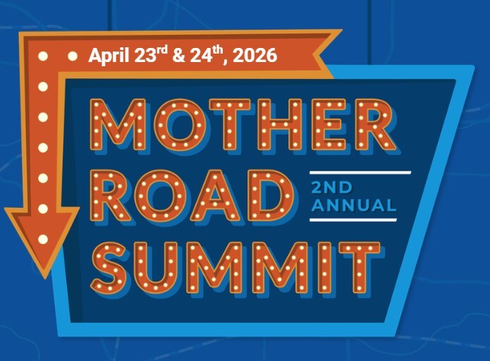 A neon sign illustration with the words "Mother Road Summit" and an arrow wrapping the left top corner of the sign