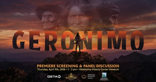 Three faces of the Chiricahua Apache Geronimo, with large letters spelling his name superimposed on a rocky landscape at sunset.