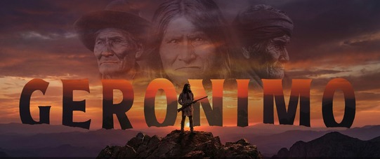 Three faces of the Chiricahua Apache Geronimo, with large letters spelling his name superimposed on a rocky landscape at sunset.