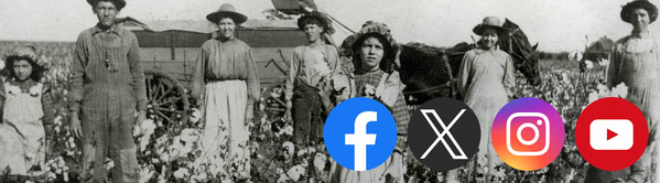 Family picking cotton at an unknown location and the Facebook, Instagram, YouTube, and X logos