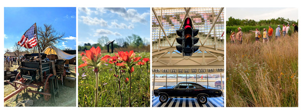 A pony car at the Route 66 Museum, a chuck wagon, a field of Oklahoma wildflowers, a group of hikers at Spiro Mounds