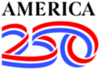 America 250 logo with the numerals 250 drawn in a three part patriotic banner 