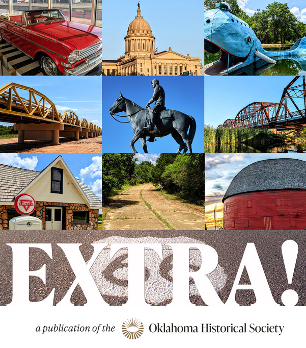 A vintage Ford Falcon at the Route 66 Museum, the Oklahoma Capitol, the Blue Whale of Catoosa, Bridgeport Bridge, and the Arcadia Round Barn