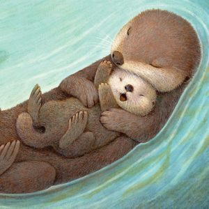 A book illustration of a Mother and baby otter floating together with seaweed around them.