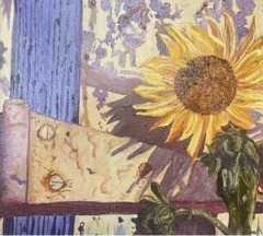 A painting of a rusty barn door hinge and a sunflower growing alongside