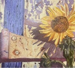 A painting of a rusty barn door hinge and a sunflower growing alongside