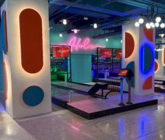 Neon lights and mid-century modern details of a restored bowling alley