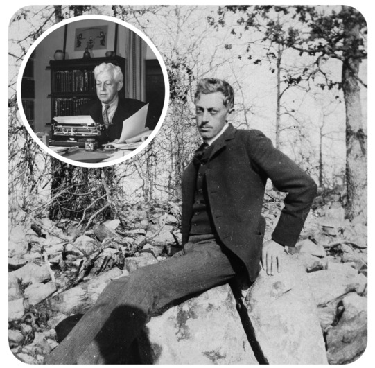 Photos of Grant Foreman studying at his desk in the forties, and photographed on the Dawes Commission in younger years.