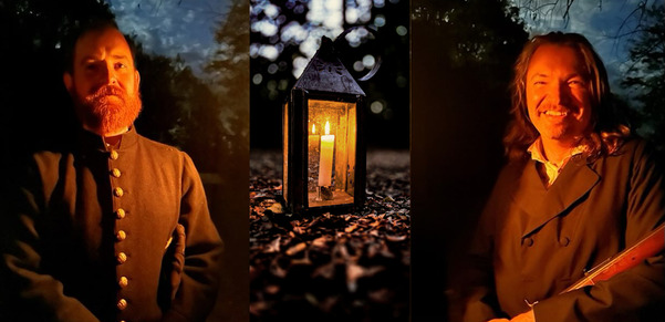 Kenny Sivard and David Reed and a lit lantern, all photos set at night, by candlelight.