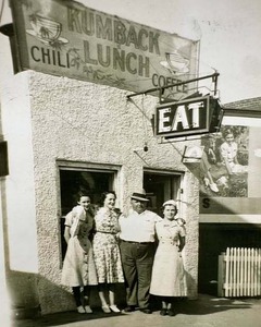 Three women and a man stand outside the Kumback Lunch diner in Perry in the 1930s.
