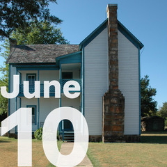 The Peter Conser home with two stories of a wooden structure, and a large stone 2 story chimney, and the words June 10.