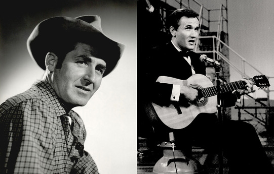 Sheb Wooley, wearing a cowboy hat and scarf, and Roger Miller performing with his guitar on television.