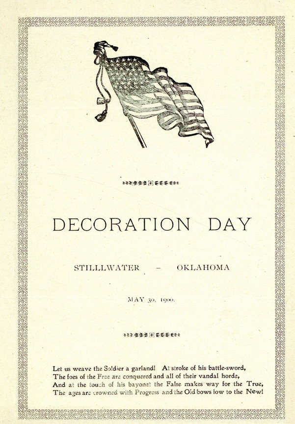 A pamphlet from May 30, 1906 reading Decoration Day with the illustration of a flag on the cover, and a stanza of a poem below