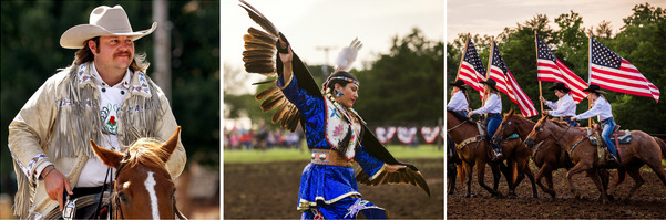 Kevin Webb on horseback, a female Dancing Eagle performers, riders carrying American flags, a trick roper maneuvers a flaming lasso