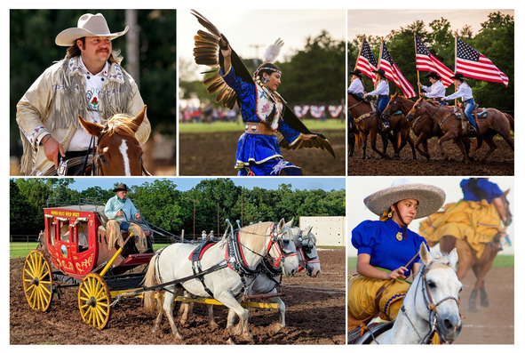Kevin Webb on horseback, a female Dancing Eagle performers, riders carrying American flags, a trick roper maneuvers a flaming lasso