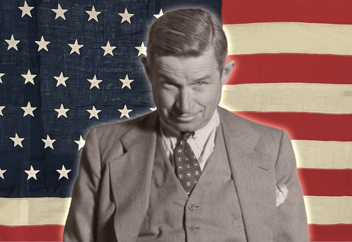 Will Rogers with an American Flag backdrop