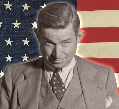 Will Rogers with an American Flag backdrop