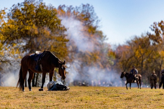 A living historian lies on the ground, fallen from his horse as his horse stands by and a battle reenactment continues in the background.