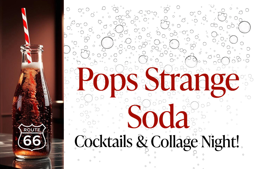 Carbonated bubbles rise up around an image of a soda bottle with a straw and the words Pops Strange Soda