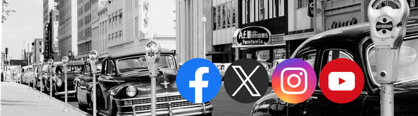 A row of cars parked along a street with parking meters visible, and the Facebook, X, Instagram, and YouTube logos over top.