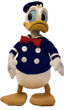 A Donald Duck puppet with a pseudo sailor costume, and large eyes and duck bill.