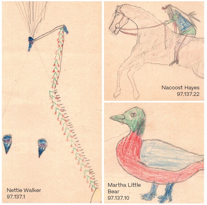 Three Cheyenne Arapaho children's drawings depicting a tipi by Nettie Walker, a horserider by Nacoost Hayes, and a duck by Martha Little Bear.