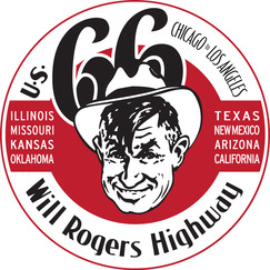 Will Rogers Highway emblem with an illustration of Will Rogers at its center.