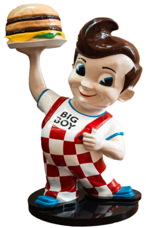 Big Boy Sculpture crafted from fiberglass, depicting a young boy in red overalls lifting a platter with a hamburger.