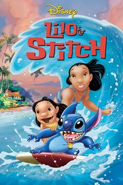 A mother, Lilo and Stitch riding on a surfboard, as a wave crests, a home surrounded by palm trees is seen in the background.