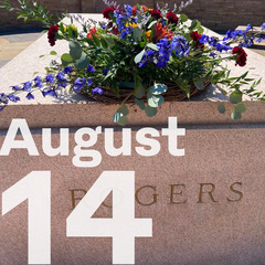 A floral wreath placed upon the red granite tomb of Will Rogers at the Will Rogers Memorial Museum in Claremore.