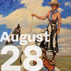 A painting by Beth Loftin depicts a female Western entertainer performing a trick with her horse.
