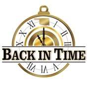 A clock with Roman numerals and the words "Back in Time"
